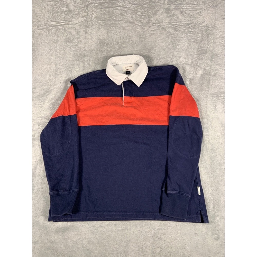 American Eagle Long Sleeve Rugby Shirt Mens XS Navy Blue Orange Embroidered